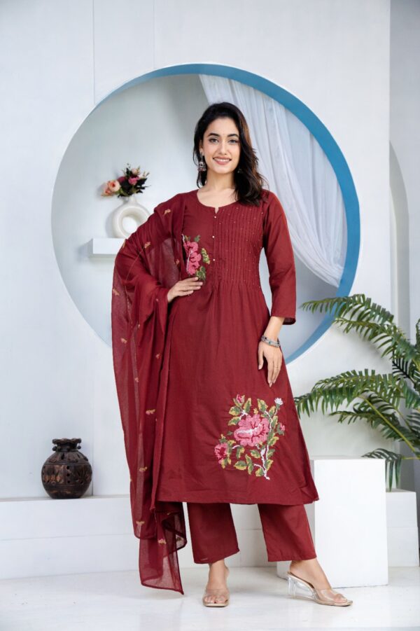 Maroon Pintex Premium Cotton Kurti Dupatta Set