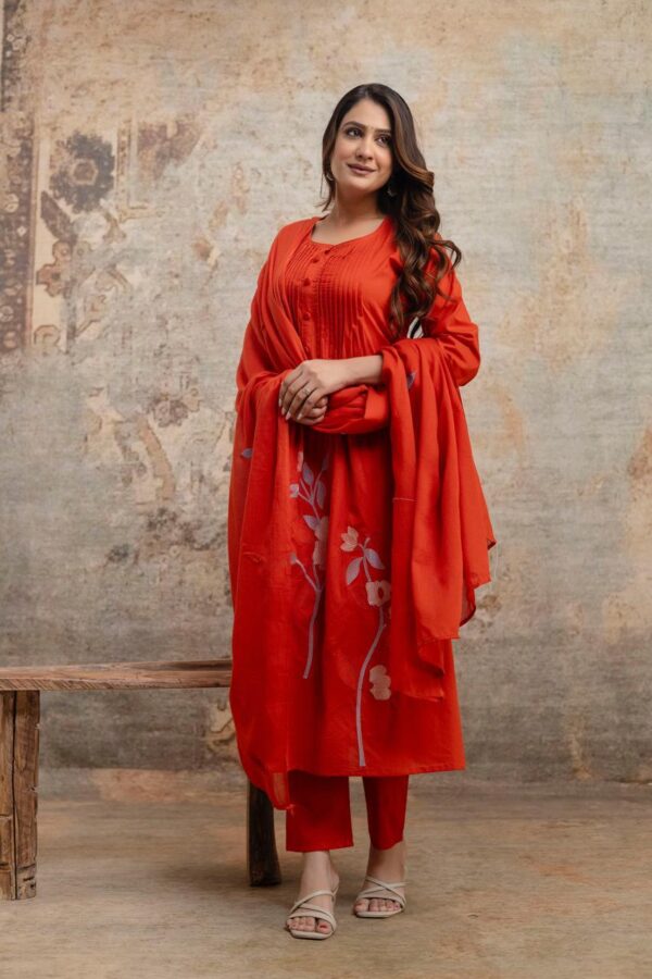 Rust Premium Cotton Kurti Dupatta Set