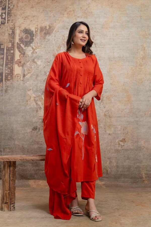 Rust Premium Cotton Kurti Dupatta Set
