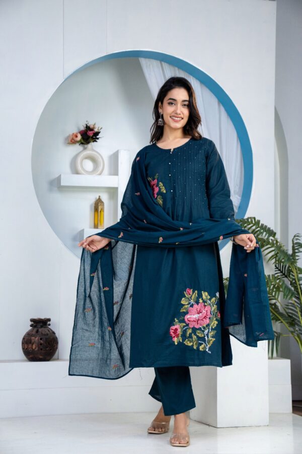 Blue Pintex Premium Cotton Kurti Dupatta Set