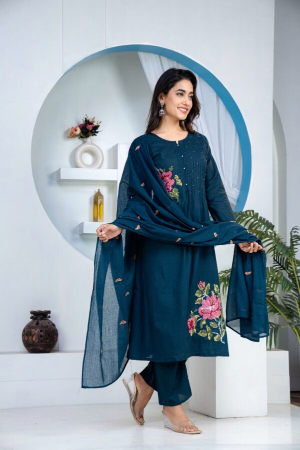Blue Pintex Premium Cotton Kurti Dupatta Set