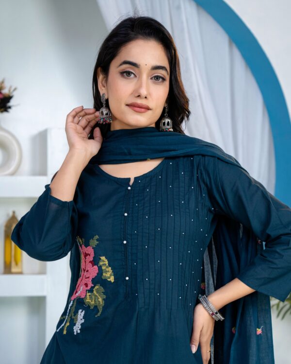 Blue Pintex Premium Cotton Kurti Dupatta Set