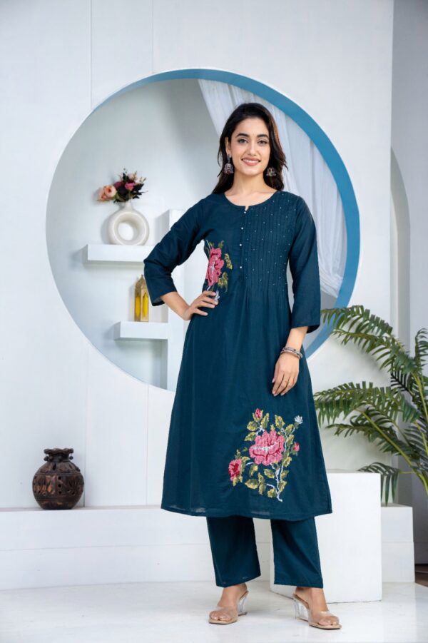 Blue Pintex Premium Cotton Kurti Dupatta Set