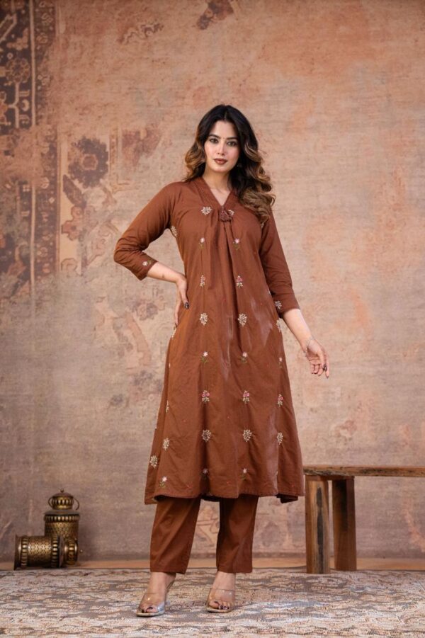 a-line-v-neck-60-60-cotton Rust A-Line V-Neck Embroidered 60-60 Cotton Kurti Set