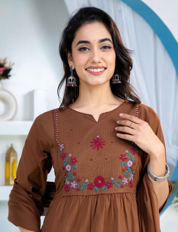 brown-.premium-60-60-cotton-fabric-texture Brown Floral Embroidered Straight Kurti Dupatta Set