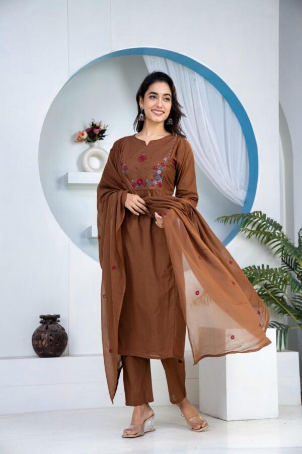 brown-3-piece-straight-kurti-set-look Brown Floral Embroidered Straight Kurti Dupatta Set