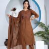 brown-floral-embroidered-straight-kurti-set Brown Floral Embroidered 60-60 Cotton Straight Kurti Set