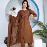 Brown Floral Embroidered 60-60 Cotton Straight Kurti Set