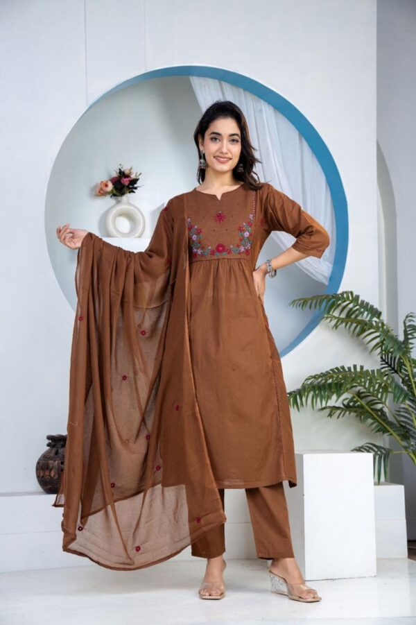 brown-floral-embroidered-straight-kurti-set Brown Floral Embroidered 60-60 Cotton Straight Kurti Set