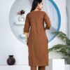 brown-kurti-back-side-detail Brown Floral Embroidered Straight Kurti Dupatta Set