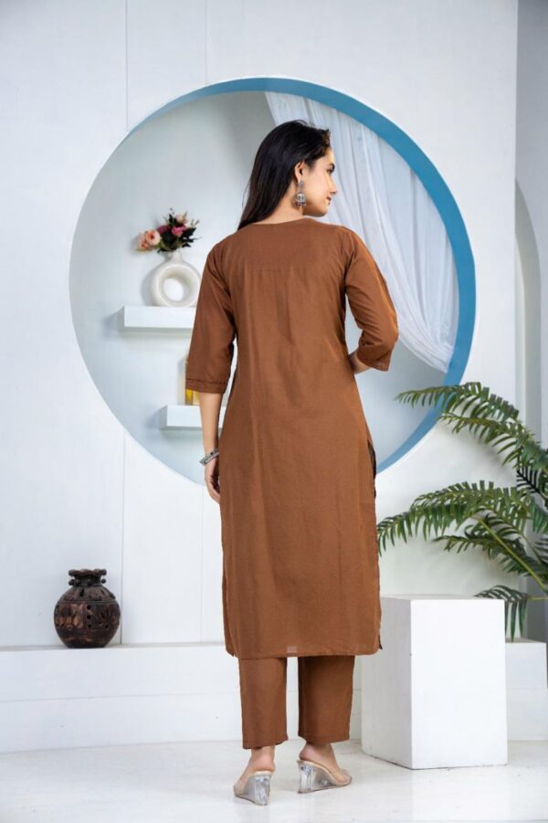 brown-kurti-back-side-detail Brown Floral Embroidered Straight Kurti Dupatta Set