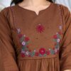 brown-kurti-yoke-embroidery-detail Brown Floral Embroidered Straight Kurti Dupatta Set