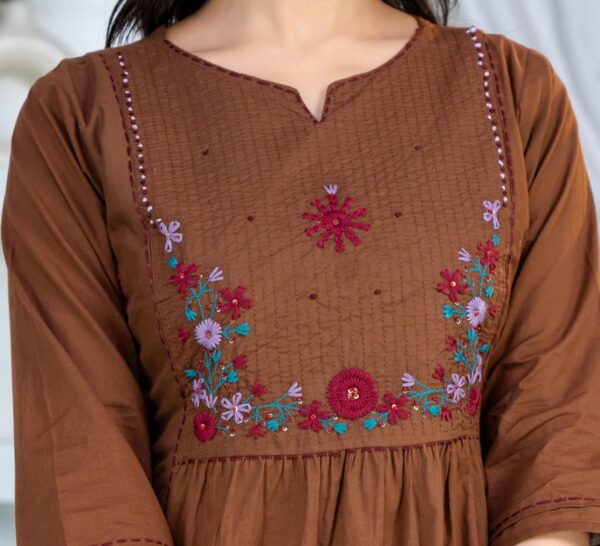 brown-kurti-yoke-embroidery-detail Brown Floral Embroidered Straight Kurti Dupatta Set