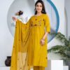 Mustard Yellow Floral Embroidered Straight Kurti Dupatta Set