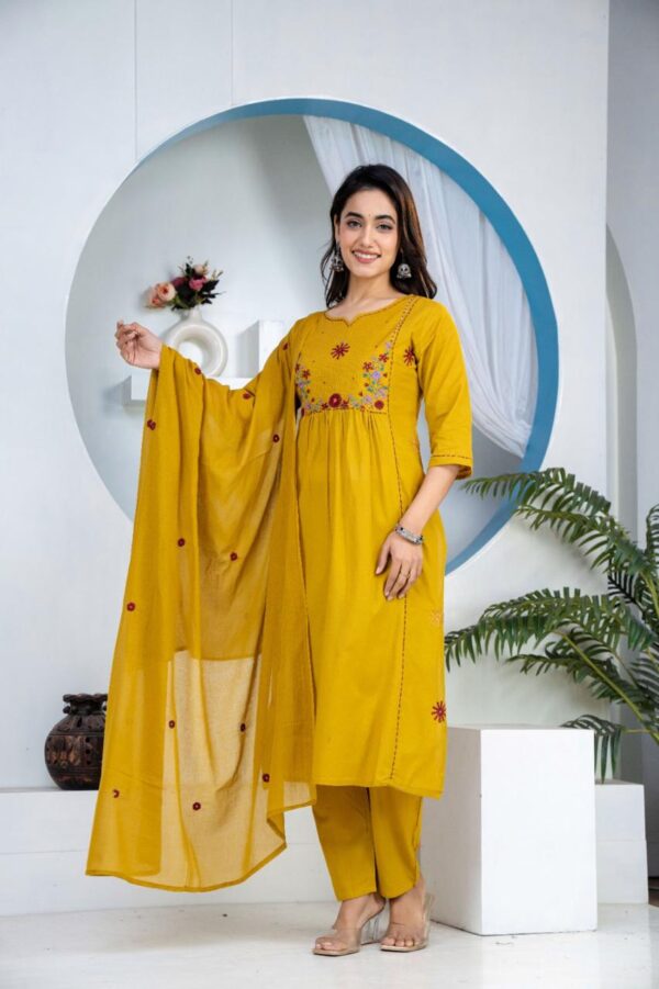 Mustard Yellow Floral Embroidered Straight Kurti Dupatta Set
