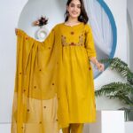Mustard Yellow Floral Embroidered 60-60 Cotton Straight Kurti Set