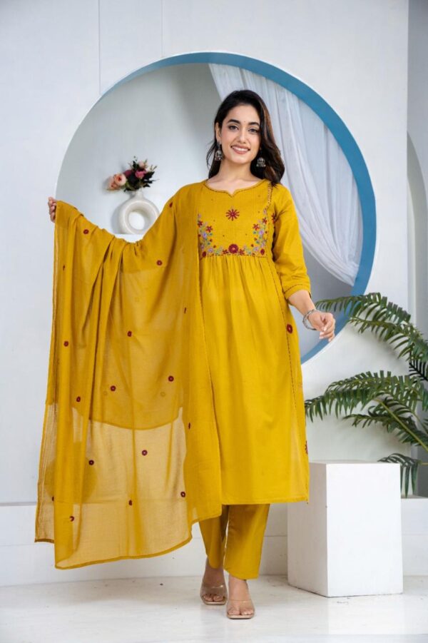 Mustard Yellow Floral Embroidered 60-60 Cotton Straight Kurti Set