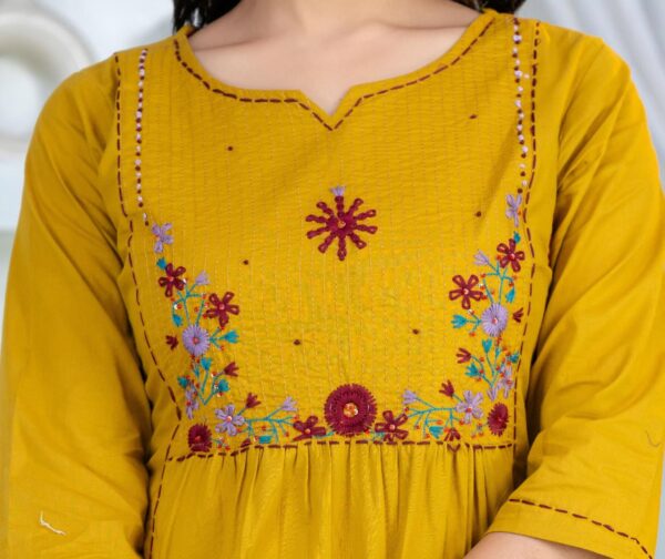 Mustard Yellow Floral Embroidered Straight Kurti Dupatta Set