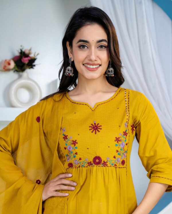 Mustard Yellow Floral Embroidered Straight Kurti Dupatta Set