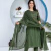 Olive Green Floral Embroidered Straight Kurti Dupatta Set