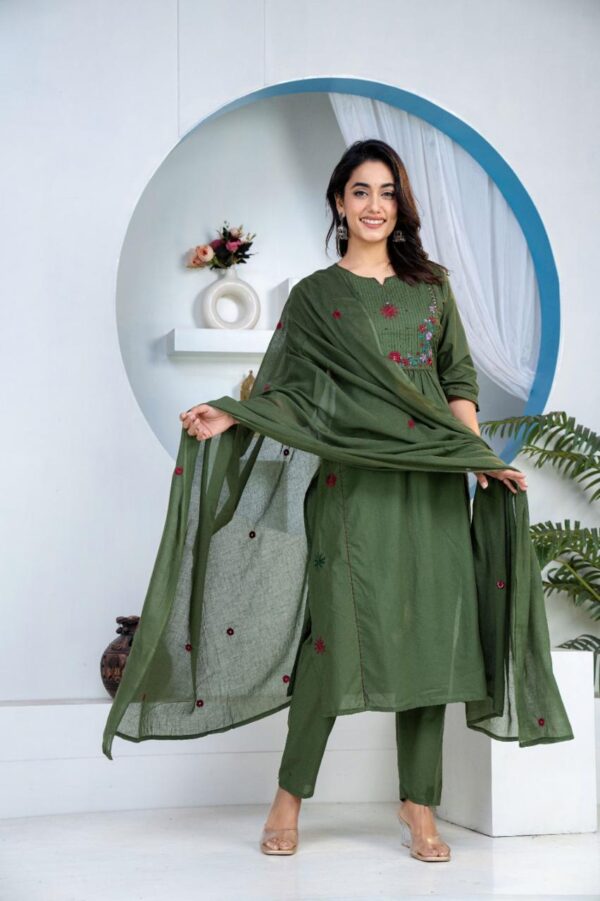 Olive Green Floral Embroidered Straight Kurti Dupatta Set