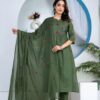 Olive Green Floral Embroidered 60-60 Cotton Straight Kurti Set