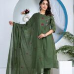 Olive Green Floral Embroidered 60-60 Cotton Straight Kurti Set