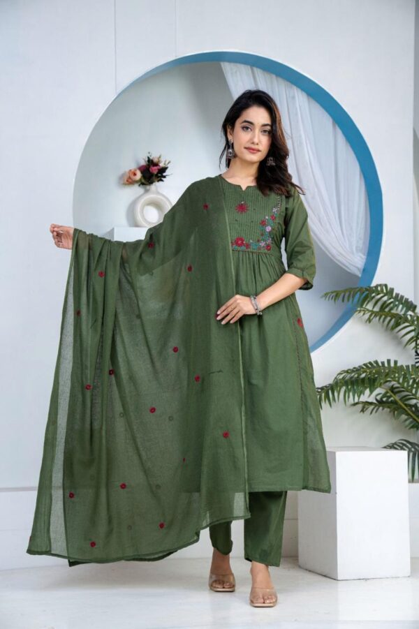 Olive Green Floral Embroidered 60-60 Cotton Straight Kurti Set