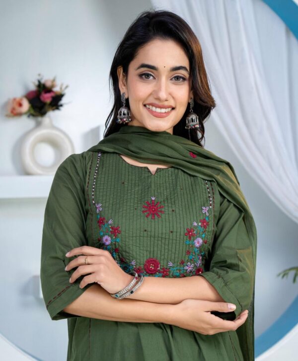 Olive Green Floral Embroidered Straight Kurti Dupatta Set