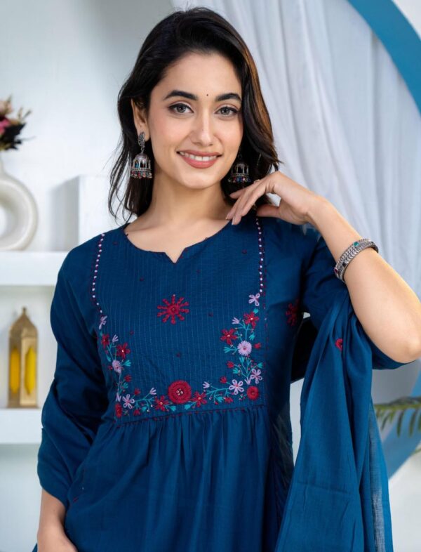 premium-60-60-cotton-fabric-texture Blue Floral Embroidered Straight Kurti Dupatta Set