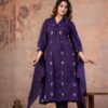Purple A-Line V-Neck Embroidered 60-60 Cotton Kurti Set