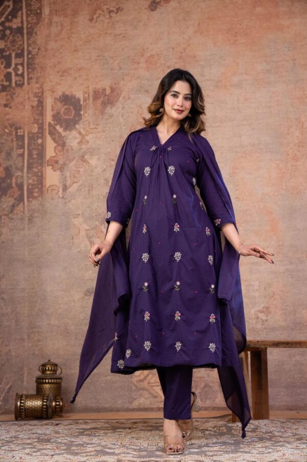 Purple A-Line V-Neck Embroidered 60-60 Cotton Kurti Set