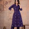 Purple A-Line V-Neck Embroidered 60-60 Cotton Kurti Set