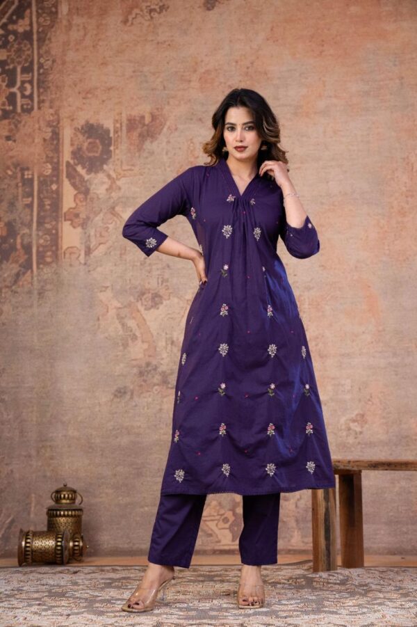 Purple A-Line V-Neck Embroidered 60-60 Cotton Kurti Set
