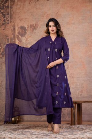 Purple A-Line V-Neck Floral Embroidered 60-60 Cotton Kurti Set by Vrinda Sakhi Creation