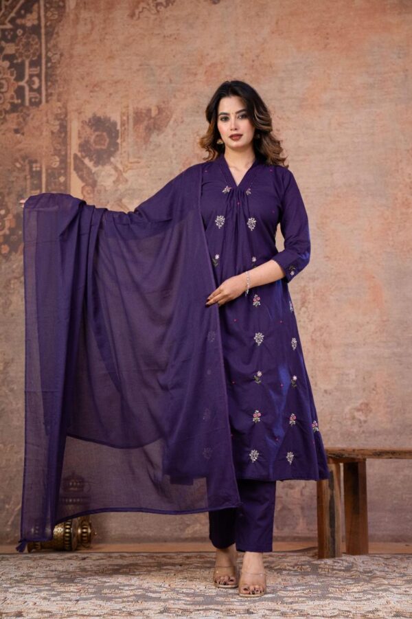 Purple A-Line V-Neck Floral Embroidered 60-60 Cotton Kurti Set by Vrinda Sakhi Creation
