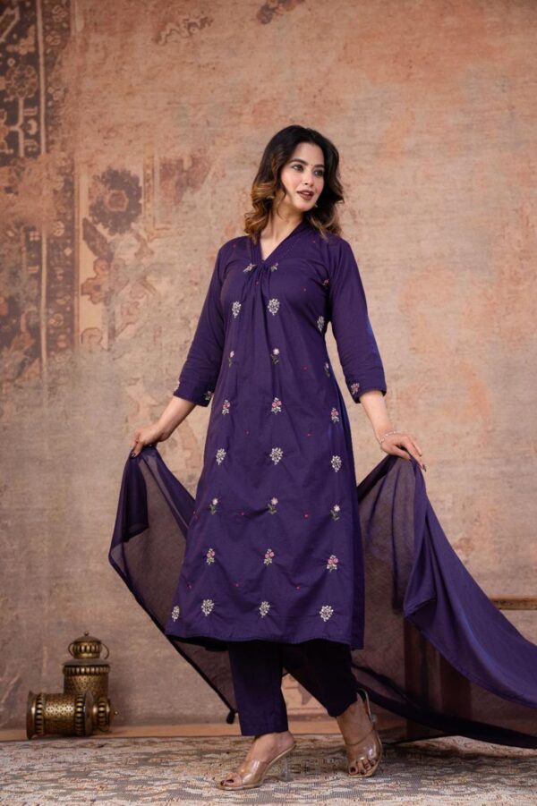 Purple A-Line V-Neck Embroidered 60-60 Cotton Kurti Set