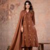 rust-a-line-v-neck-3-piece-cotton-fabric Rust A-Line V-Neck Embroidered 60-60 Cotton Kurti Set