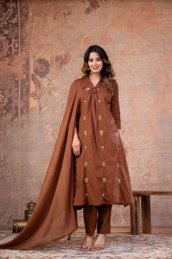 rust-a-line-v-neck-3-piece-cotton-fabric Rust A-Line V-Neck Embroidered 60-60 Cotton Kurti Set
