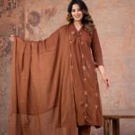 Rust A-Line V-Neck Floral Embroidered 60-60 Cotton Kurti Set by Vrinda Sakhi Creation