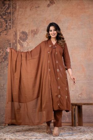 Rust A-Line V-Neck Floral Embroidered 60-60 Cotton Kurti Set by Vrinda Sakhi Creation