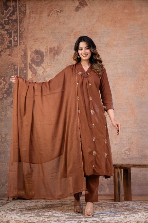 rust-a-line-v-neck-floral-60-60-cotton-set Rust A-Line V-Neck Floral Embroidered 60-60 Cotton Kurti Set by Vrinda Sakhi Creation