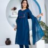 teal-blue-3-piece-straight-kurti-set-look Blue Floral Embroidered Straight Kurti Dupatta Set