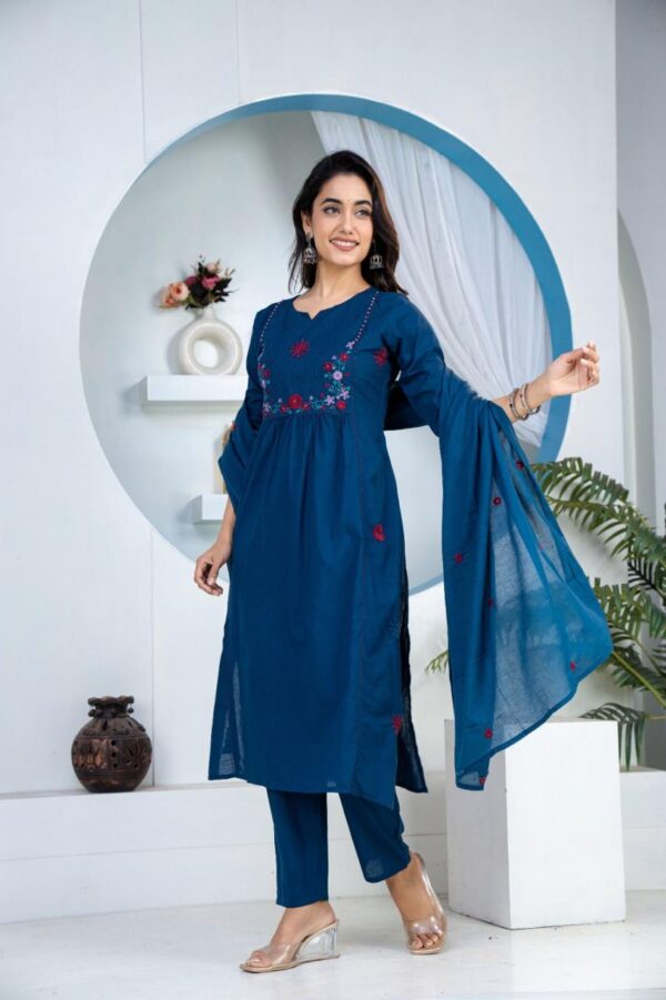 teal-blue-3-piece-straight-kurti-set-look Blue Floral Embroidered Straight Kurti Dupatta Set