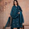 Teal Blue A-Line V-Neck Embroidered 60-60 Cotton Kurti Set