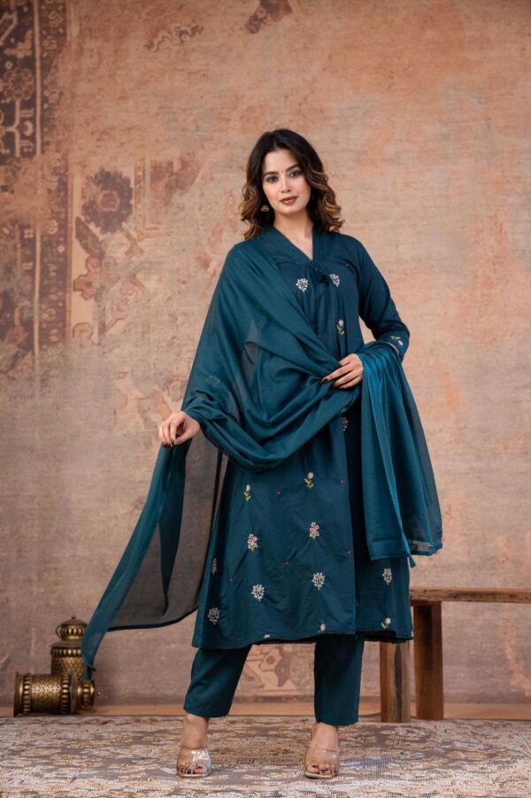 Teal Blue A-Line V-Neck Embroidered 60-60 Cotton Kurti Set