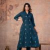 Teal Blue A-Line V-Neck Embroidered 60-60 Cotton Kurti Set