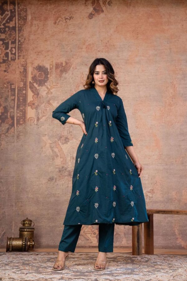 Teal Blue A-Line V-Neck Embroidered 60-60 Cotton Kurti Set
