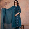 Teal Blue A-Line V-Neck Floral Embroidered 60-60 Cotton Kurti Set by Vrinda Sakhi Creation