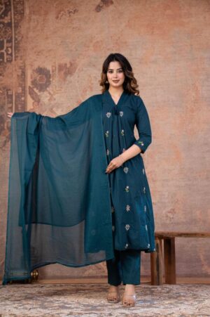 Teal Blue A-Line V-Neck Floral Embroidered 60-60 Cotton Kurti Set by Vrinda Sakhi Creation